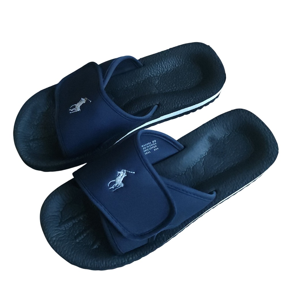 Polo Ralph Lauren Logo Slide Sandals Women 8B Navy Adjustable White Pony Preppy